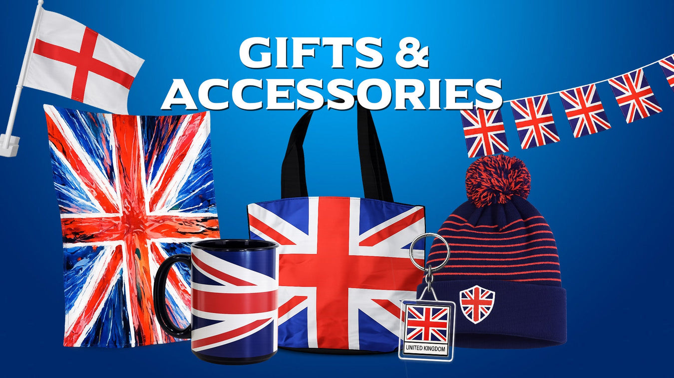 UK gifts and accessories collection in Canada featuring St. George’s flag car flag, Union Jack tea towel, mug, tote bag, keychain, beanie and bunting flags