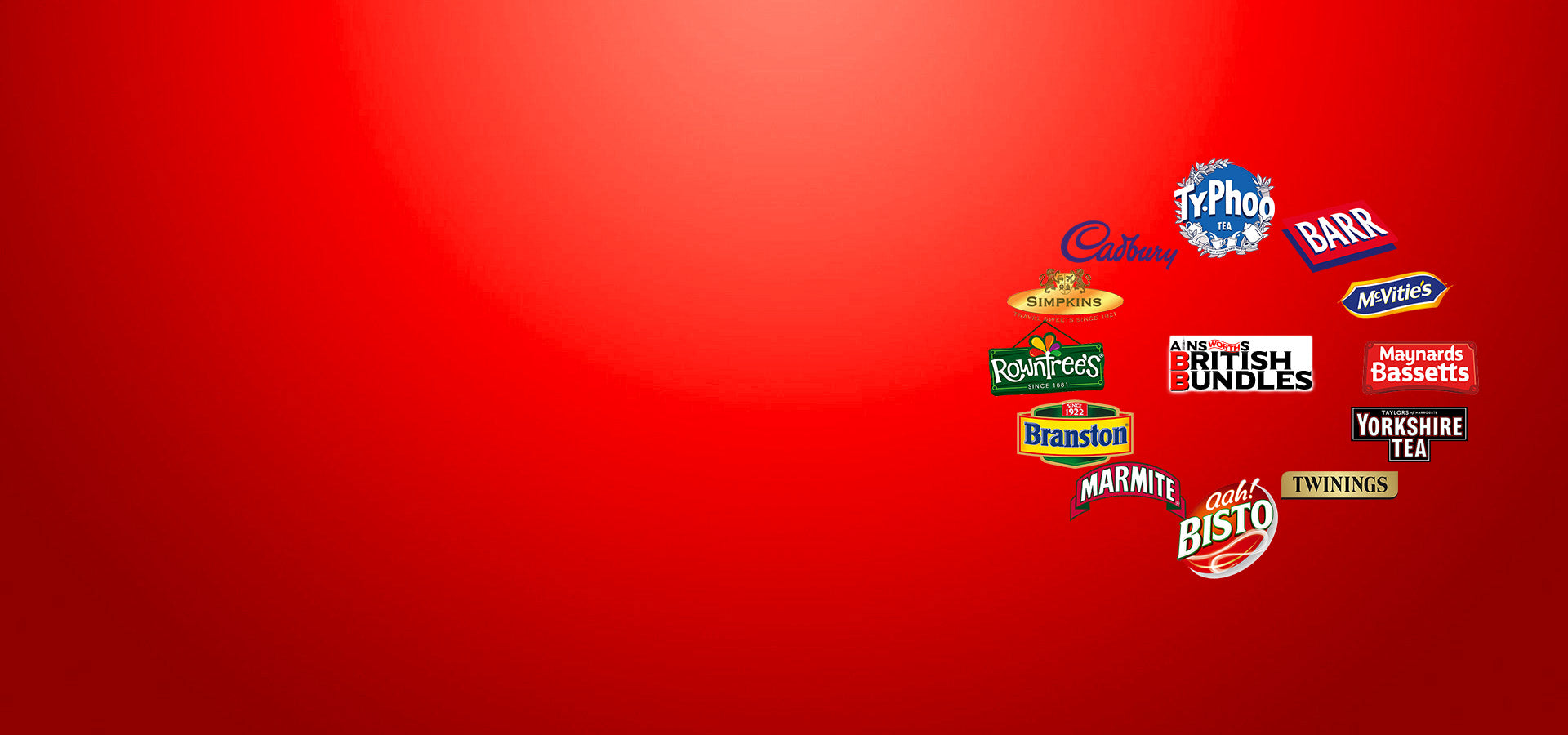 British Bundles Home Page slider image 2 - British brand logos in a circle on a red gradient background - Typhoo Tea, Barr, McVitie's, Maynard's Bassetts, Yorkshire Tea, Twinings, Ahh Bisto, Marmite, Branston, Rowntree's, Simpkins, and Cadbury