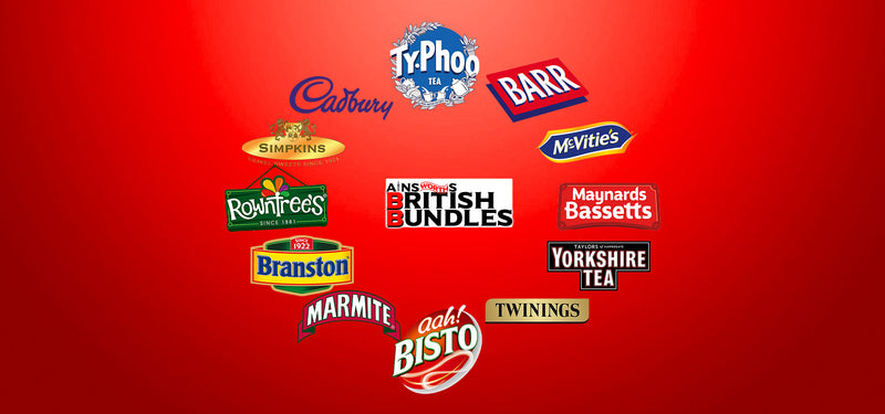 British Bundles Home Page slider image 2 - British brand logos in a circle on a red gradient background - Typhoo Tea, Barr, McVitie's, Maynard's Bassetts, Yorkshire Tea, Twinings, Ahh Bisto, Marmite, Branston, Rowntree's, Simpkins, and Cadbury (Mobile)