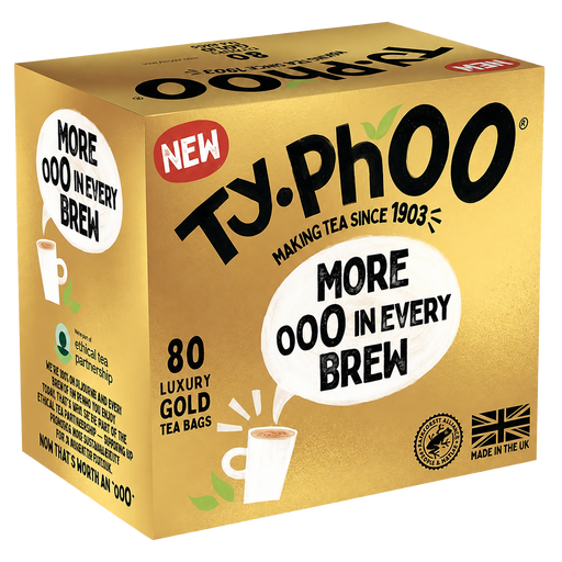 Typhoo Gold Luxury Tea 80 Bags 250g angled box product photo