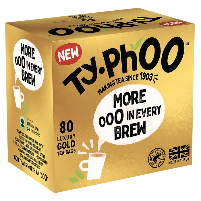 Typhoo Gold Luxury Tea 80 Bags 250g angled box product photo