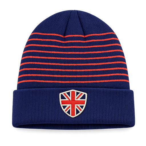Union Jack fold up beanie with embroidered UK crest navy striped knit hat