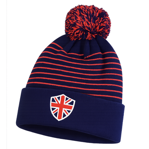Union Jack pom beanie with embroidered UK crest navy knit winter hat