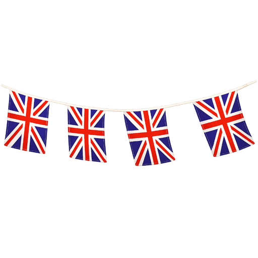 Union Jack string flag banner with multiple (10) UK flags hanging on a 25 foot strand
