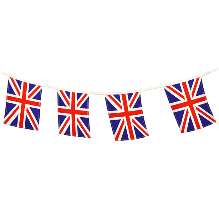 Union Jack string flag banner with multiple (10) UK flags hanging on a 25 foot strand
