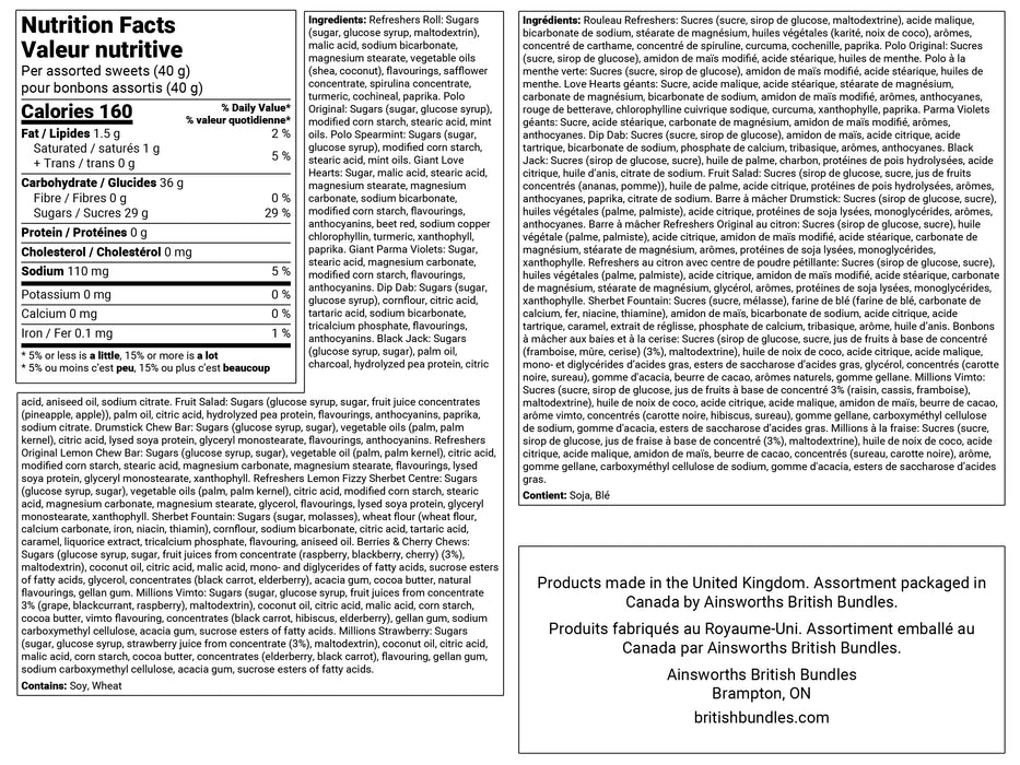 Nutrition Facts and bilingual ingredients for the Classic Fruity and Fizzy Sweets Gift Box